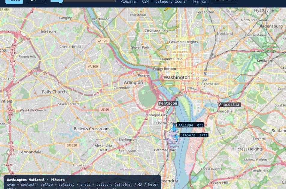 KDCA — OSM basemap + real PiAware bake Real PiAware ADS-B over an OSM basemap around KDCA. Category icons for airliner, GA, and helo.