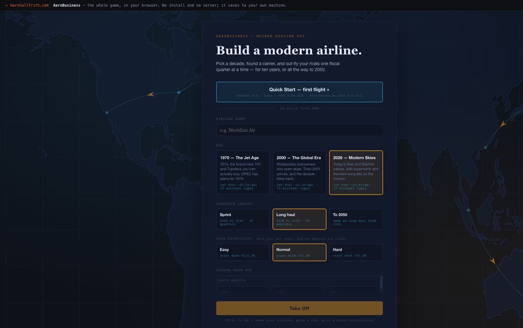 Found an airline in 1970, 2000 or today AeroBusiness on the setup screen — pick a decade, a hub and a brand, then take off.