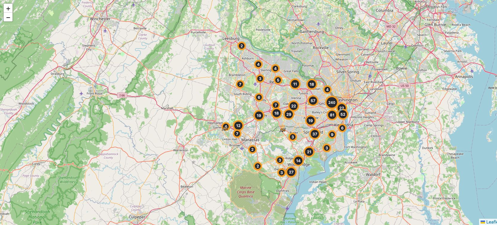 Clustered traffic cameras already plotted across Arlington and Northern Virginia, the largest cluster sitting on Washington DC.