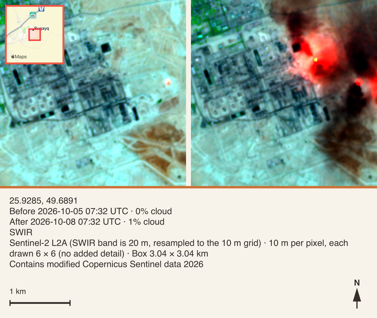 Sentinel-2 SWIR, before and after, near Buqayq. Contains modified Copernicus Sentinel data 2026 ChangeLens Earth before-and-after Sentinel-2 comparison near Buqayq