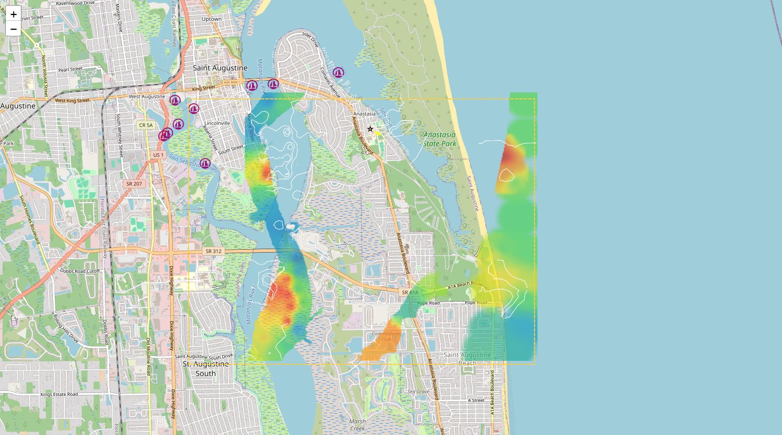 Charted depths already pulled for the St. Augustine inlet, colour-ramped inside a dashed box over the Matanzas River.