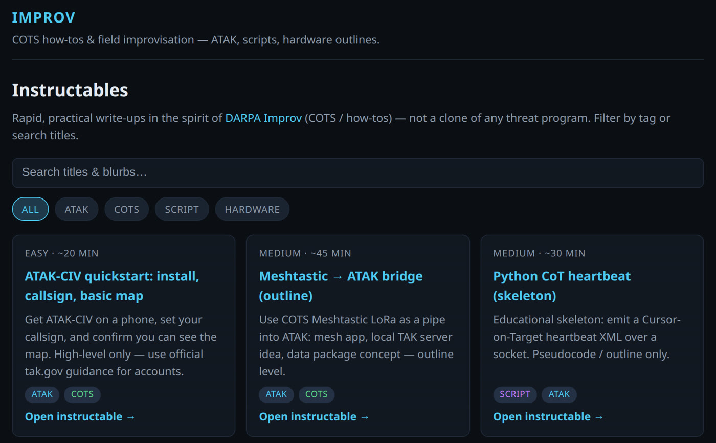 Improv instructables grid — ATAK-CIV quickstart, Meshtastic → ATAK outline, and Python CoT heartbeat cards.