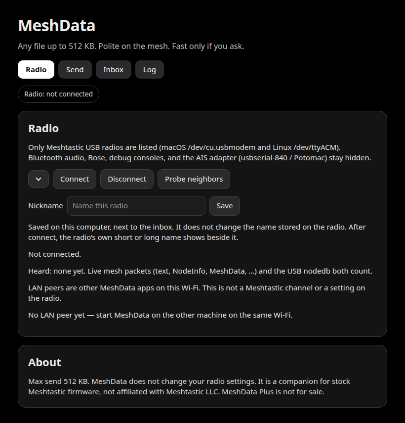 MeshData Radio tab before a node is connected.