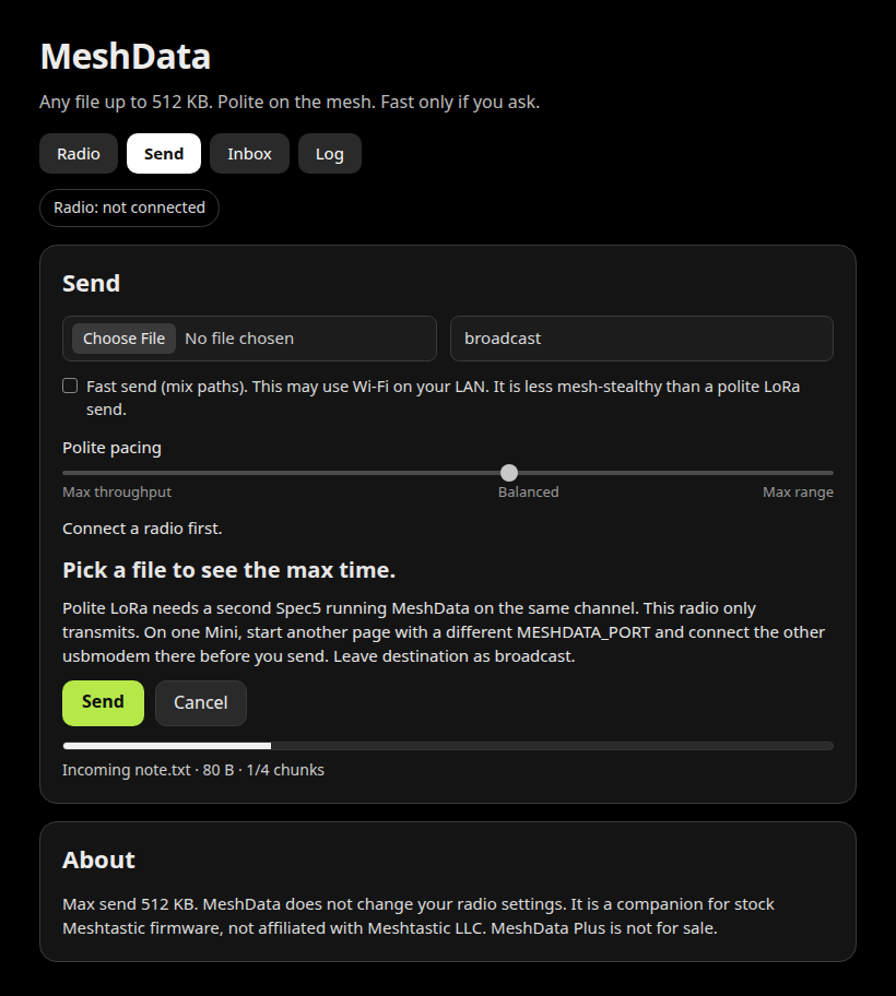 MeshData receiving a small file, the bar partway across.