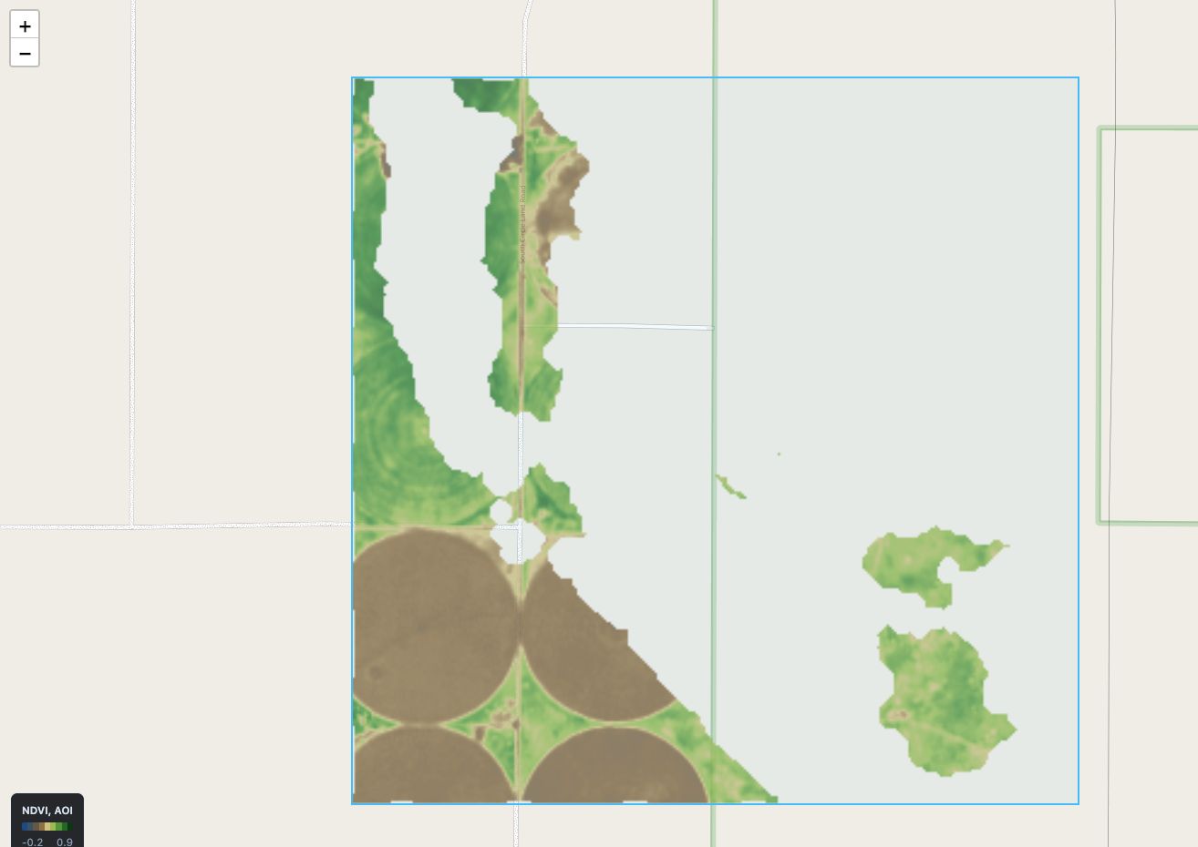 NDVI over centre-pivot fields southwest of Garden City, Kansas — brown circles are bare, green is growing.