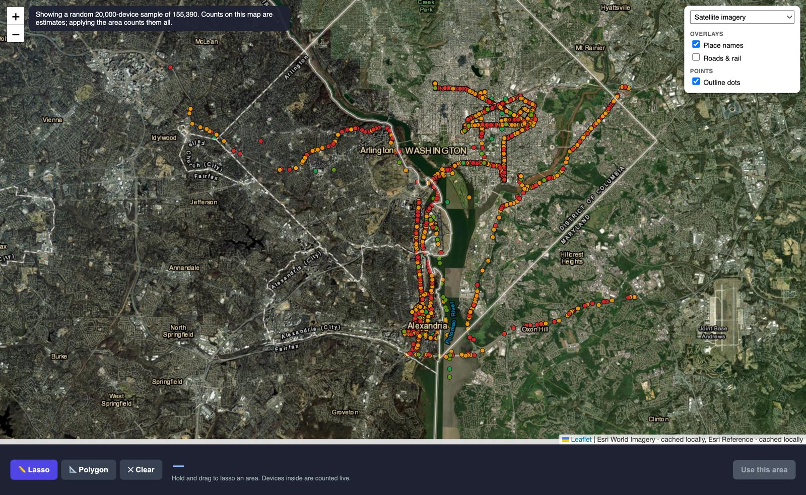 A survey of the Washington DC area on satellite imagery: several thousand signal-strength-coloured dots tracing roads through Arlington, the District and Alexandria, with the area-selection controls along the bottom.