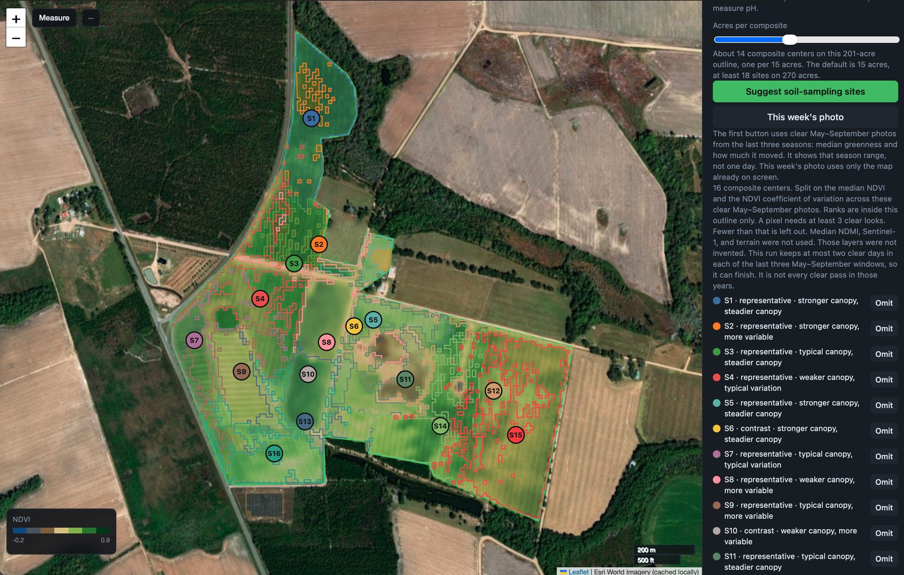 Desktop NDVI Scope suggesting soil-sampling sites on a pecan orchard — season-stack median NDVI with S1–S16 pins.