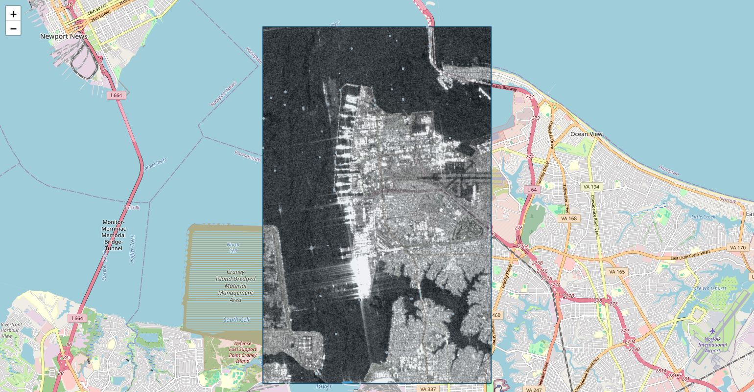 Sentinel-1 radar over Norfolk harbour — bright returns on the water are ships.
