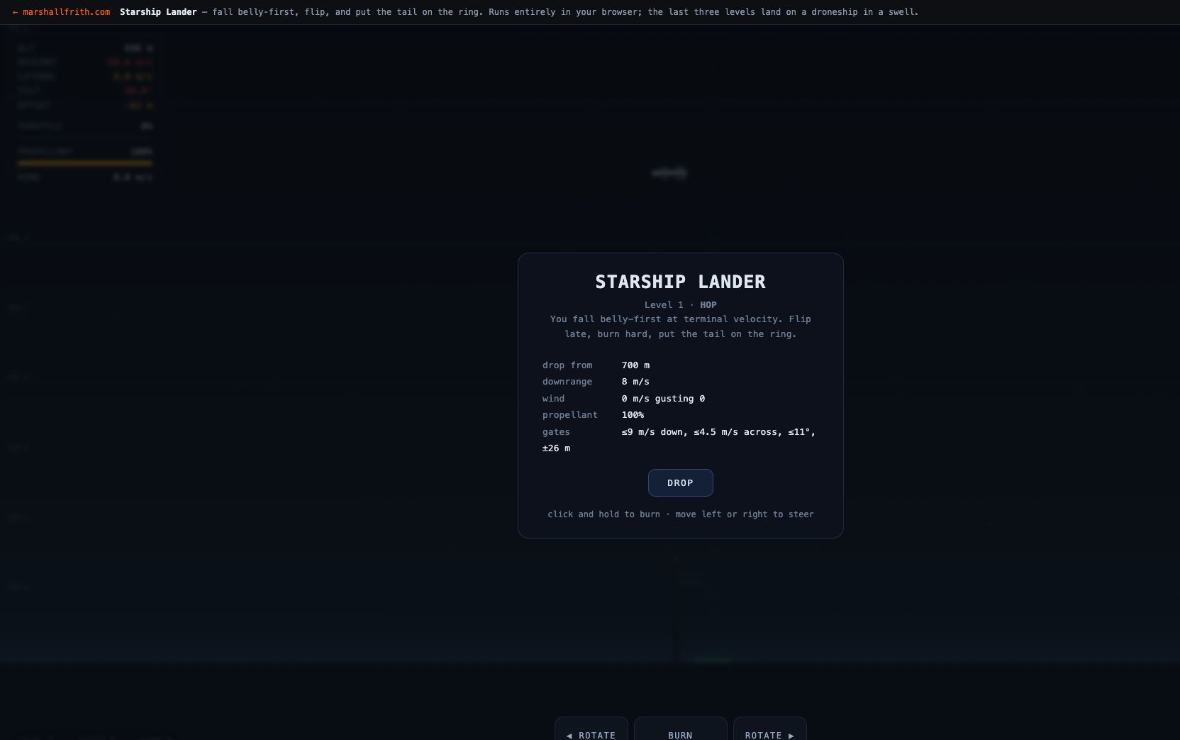 Starship Lander on Level 1 Hop, ready to drop belly-first toward the ring.