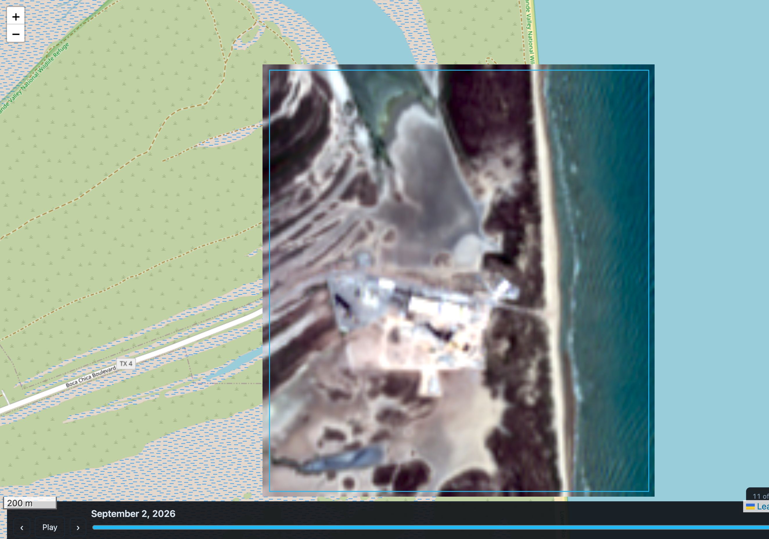 2 September 2026, 100% clear over the box The latest clear Sentinel-2 pass over Starbase at Boca Chica, 2 September 2026 — launch tower, tank farm, and the beach.