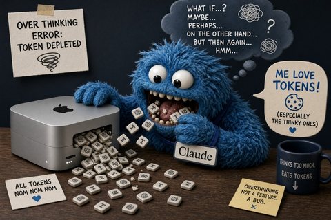 A blue furry token monster eating tokens spilled from a Mac Studio