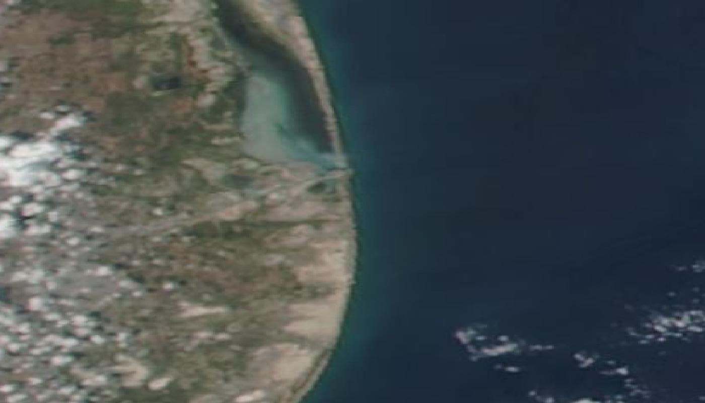 Daily MODIS true-colour over Starbase at Boca Chica — the gulf, the lagoon, and the pad complex at the scale a daily pass shows.